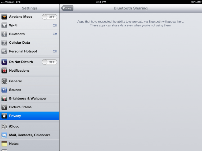 “Bluetooth Sharing” Added To IOS 6 “Privacy” Settings